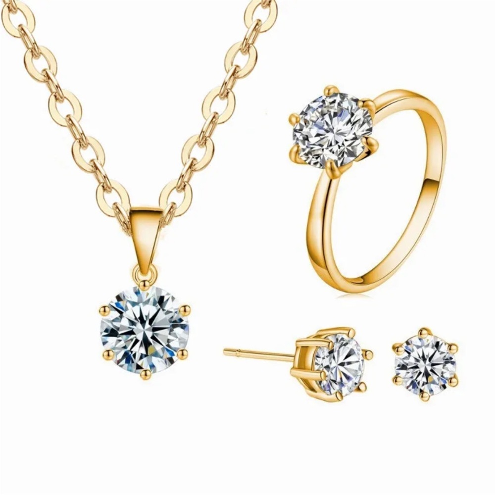 3Pc/set Fashion Round pendant Necklace Earring Ring size 7 Gold